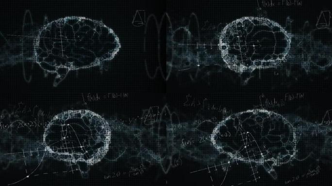 黑色背景上人脑数字模型上的数学方程动画