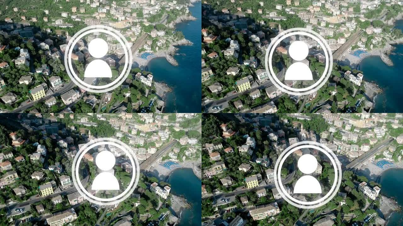 现代沿海城市建筑物上的单人图标扫描动画