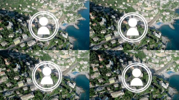 现代沿海城市建筑物上的单人图标扫描动画