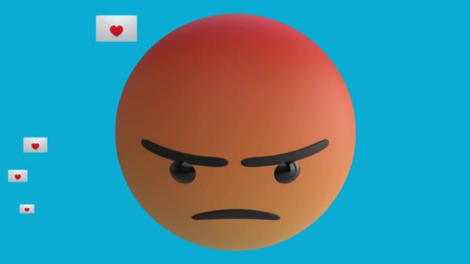 蓝色背景上带有红色心脏图标的愤怒表情图标动画