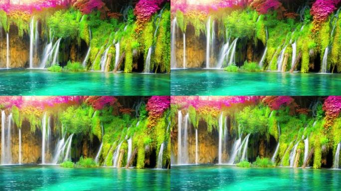 克罗地亚十六湖瀑布的电影拍摄视频，幻想树叶颜色