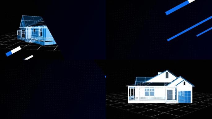 旋转3d房屋平面图的动画，在黑色背景上通过蓝色和白色线条