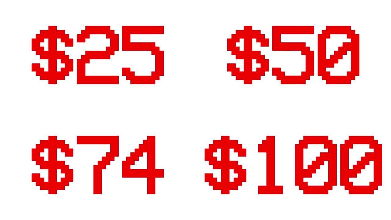 红色美元从0上升到100-数字计数器数字0-100-以百分比加载进度条-0-100 $-从100增加