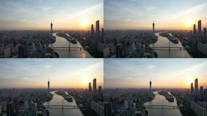 日落时城市天际线的平移视图