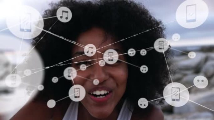 反对在海滩上吹吻的非洲裔美国妇女肖像的数字图标网络