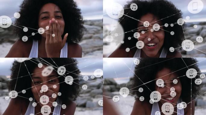 反对在海滩上吹吻的非洲裔美国妇女肖像的数字图标网络