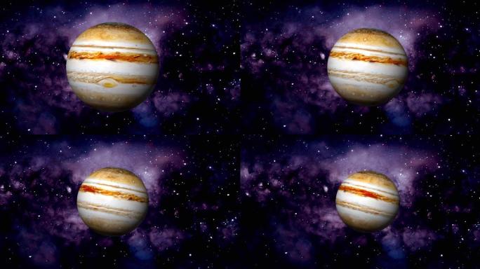 木星行星在太空中，有五颜六色的星夜。从太空看木星行星与美丽的星系。木星4k分辨率的全视图。