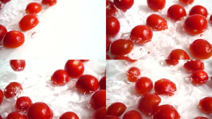 将红樱桃番茄倒入水中。洗西红柿。在白色背景上。慢动作。