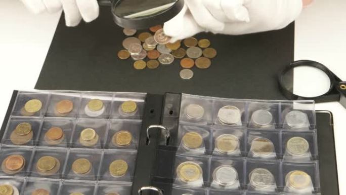 钱币学家检查特殊相册中的硬币。