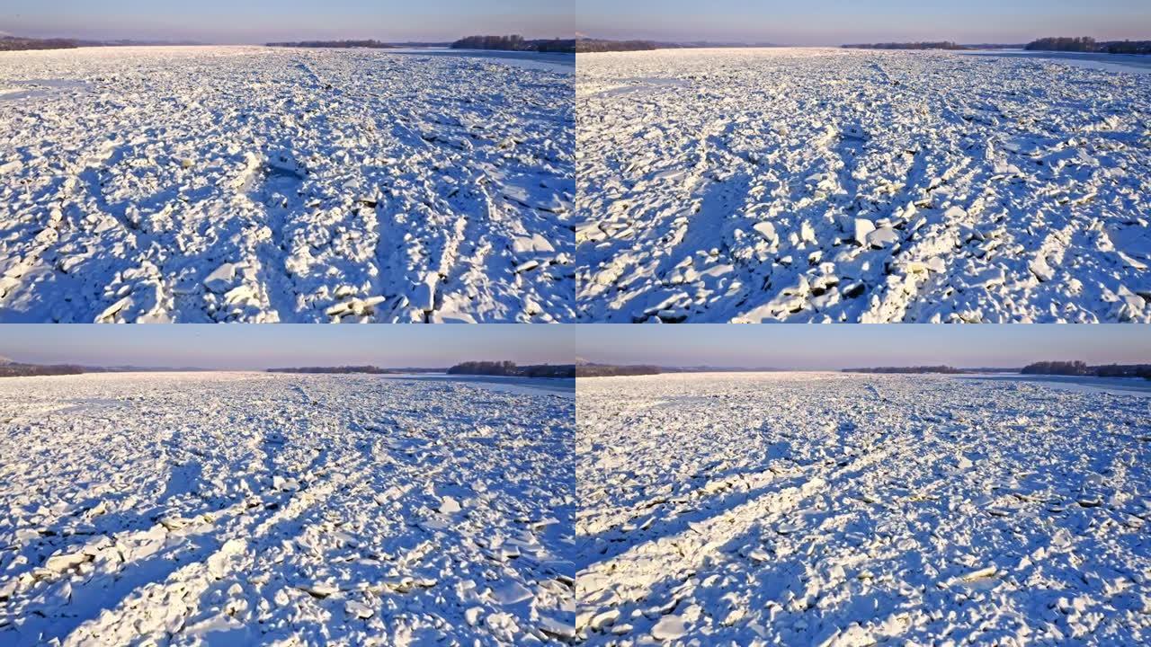 冬天河上的冰堵塞。波兰的鸟瞰图。