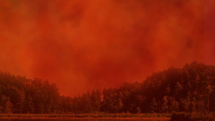 肆虐的野火产生的大量烟雾和燃烧的余烬