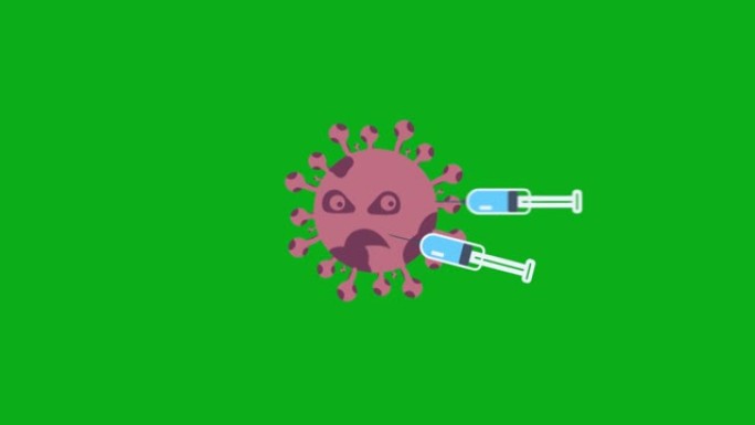 在绿屏中被三个疫苗注射攻击的病毒的2D动画
