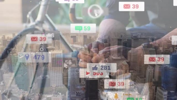 数字图标，在城市景观的鸟瞰图下使用智能手机，人数越来越多