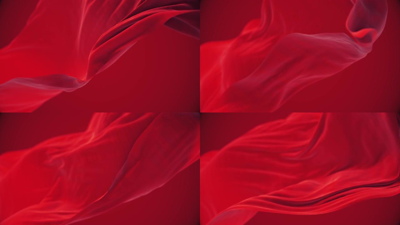 4k红色波浪形丝织物在风，无缝挥舞旗布环背景。