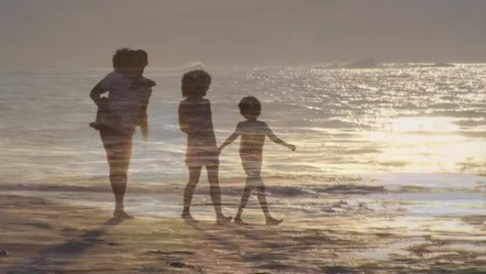 非裔美国人家庭在海上阳光下在海滩上散步的动画