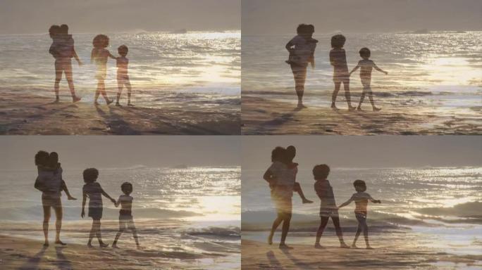 非裔美国人家庭在海上阳光下在海滩上散步的动画