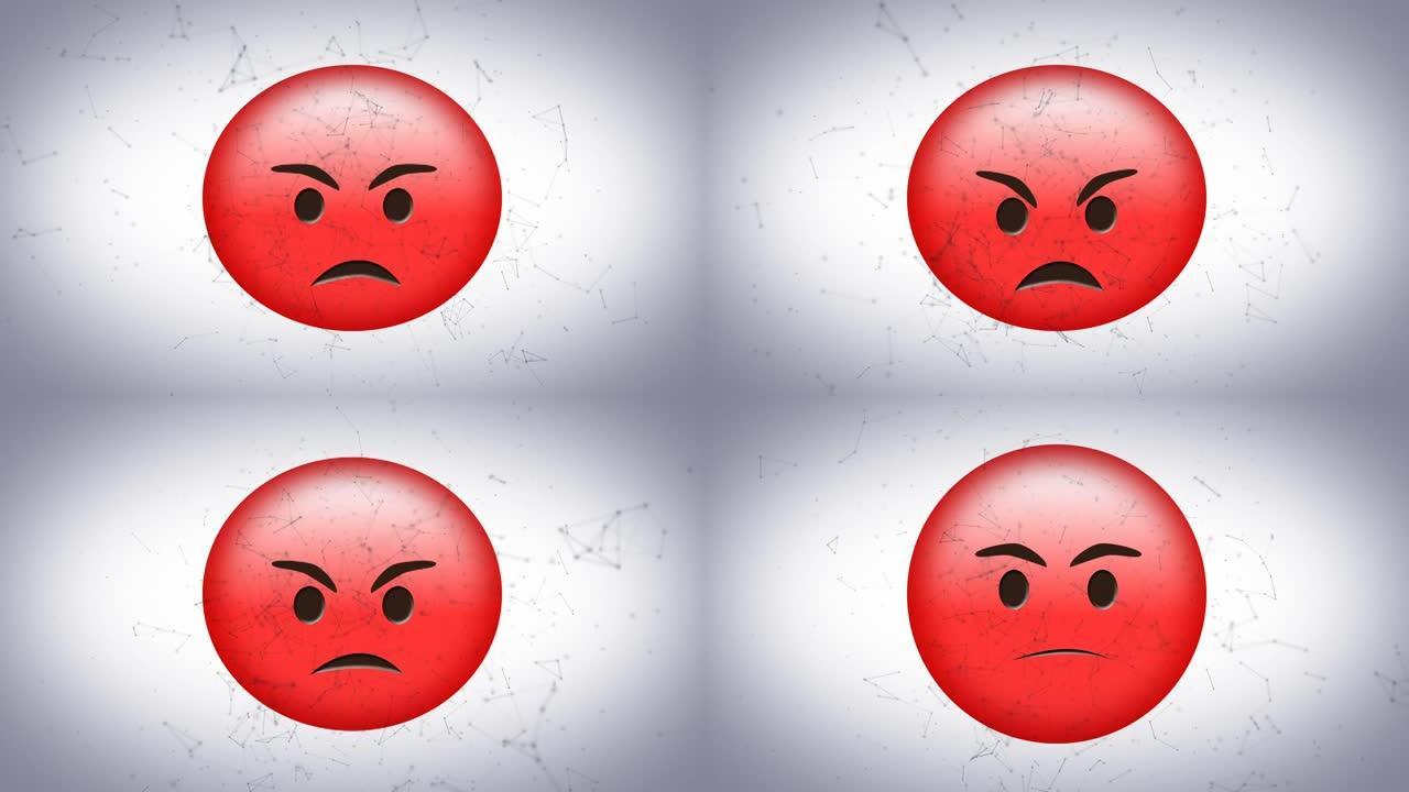 灰色背景上针对红色愤怒表情符号的网络连接数字动画
