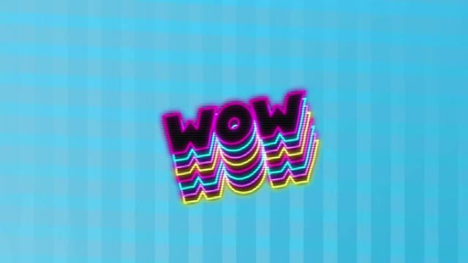 霓虹wow文本的数字动画，带有蓝色背景上条纹的阴影效果