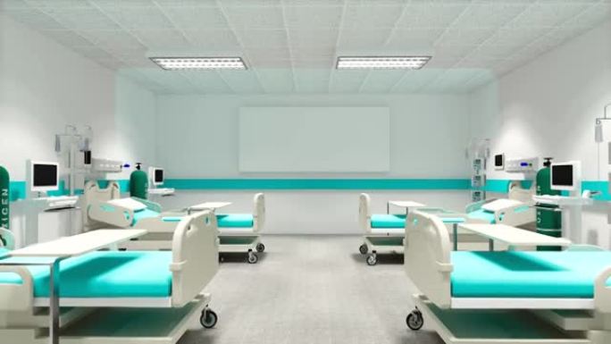 带床的病房。护理诊所或医院的空床和轮椅。3d渲染室和舒适。现代医院，保健理念。