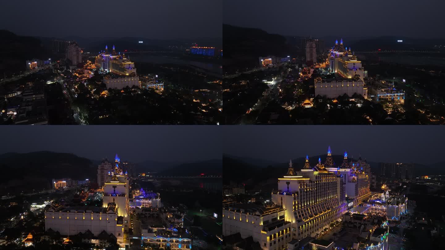 西双版纳湄公河景兰大酒店夜景航拍4k