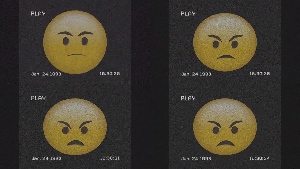 灰色背景下愤怒面部表情符号上vhs故障效果的数字动画