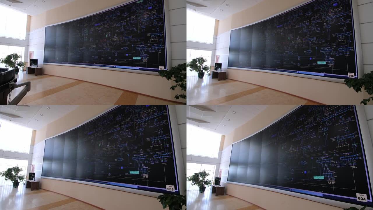 控制办公室墙上有数据的大屏幕运动