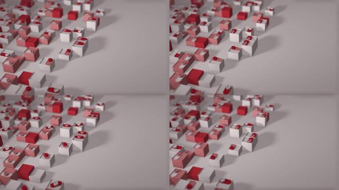 具有几何形状的循环动画的3d渲染。无尽的动画。形状变化的令人满意的平静视频。滑块打开。白色红色。景深