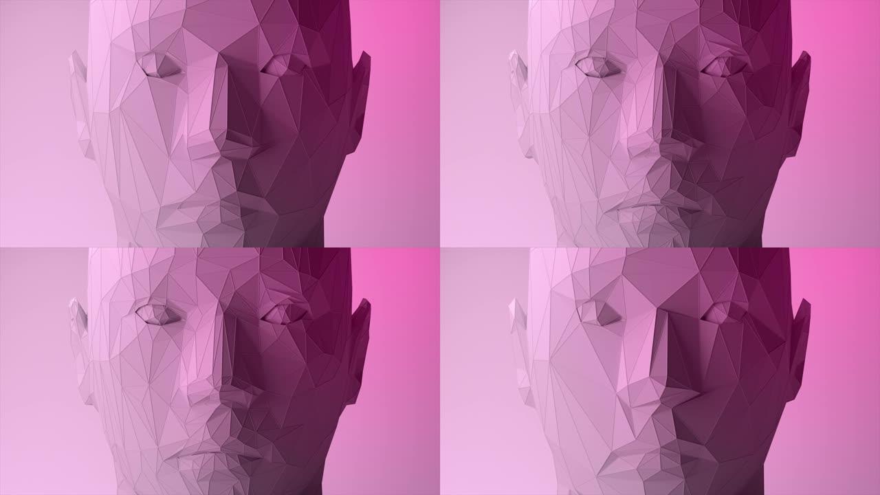 创建多边形数字人脸。增加多边形和质量。无缝循环3d动画