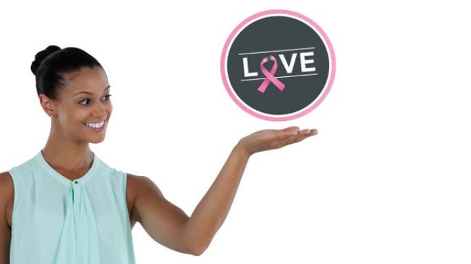 动画粉红色乳腺癌丝带标志与爱的文字超过年轻的女人