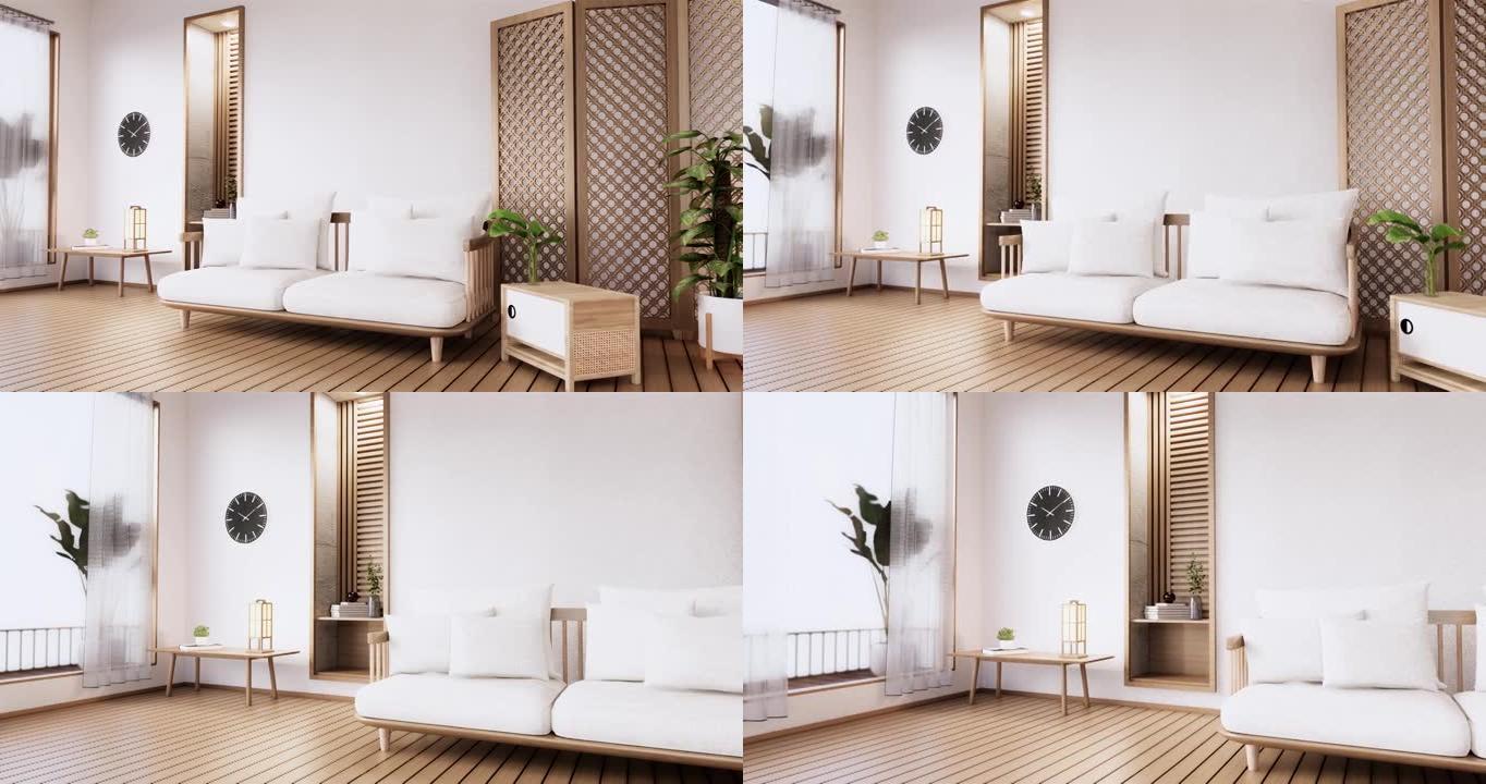 带简约风格白色热带风格沙发的客厅，木纹地板。3D渲染