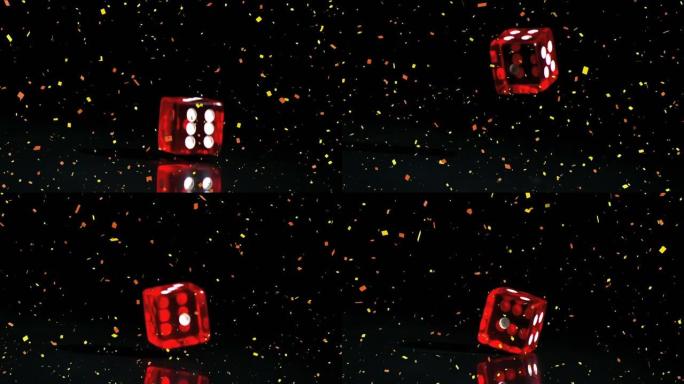 五彩纸屑掉落在黑色背景下的红色赌场骰子上