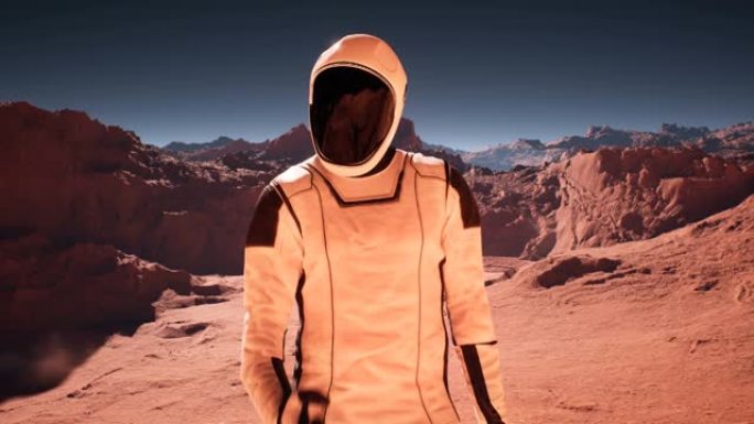 一名火星宇航员在红色星球火星上做了一个握拳的手势。宇航员火星人殖民并探索火星。这部动画是为未来主义、