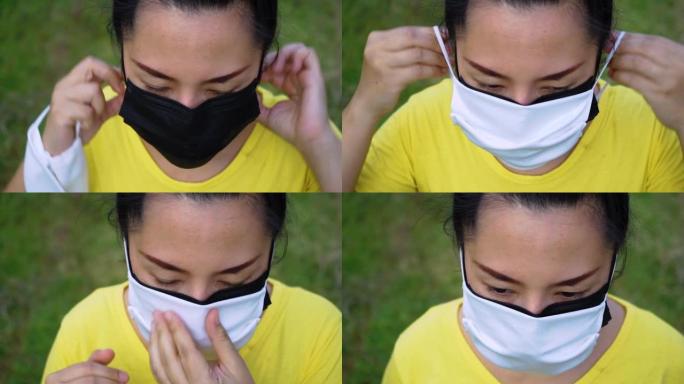 亚洲年轻女子佩戴两层医用防护口罩或双层口罩的肖像展示如何，对抗新型冠状病毒肺炎病毒爆发，医疗保健，流