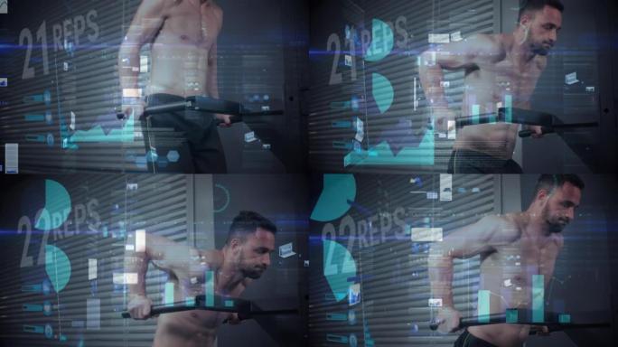 用健身器材锻炼强壮男子的数据处理动画