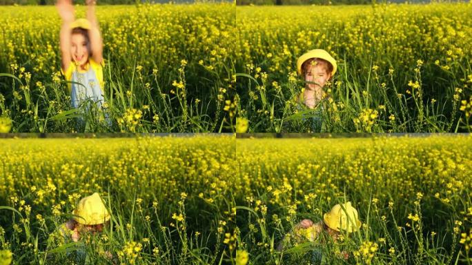 一个戴着黄色帽子的女孩躲在高高的草丛中，在夏日盛开的田野里，在阳光下跳了出来。夏季，日落，假期，防晒