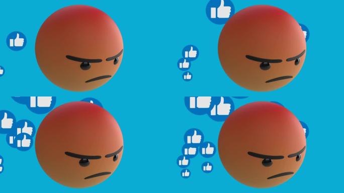 蓝色背景上带有竖起大拇指图标的愤怒表情图标动画