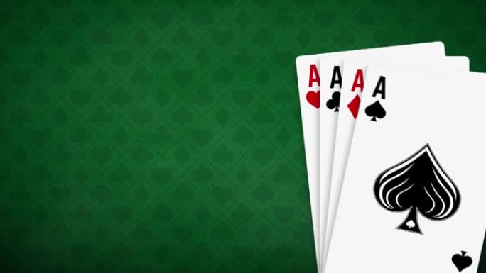 绿色背景上四种纸牌组合的动画。在扑克和赌场玩牌。空白海报模板与扑克牌四种。