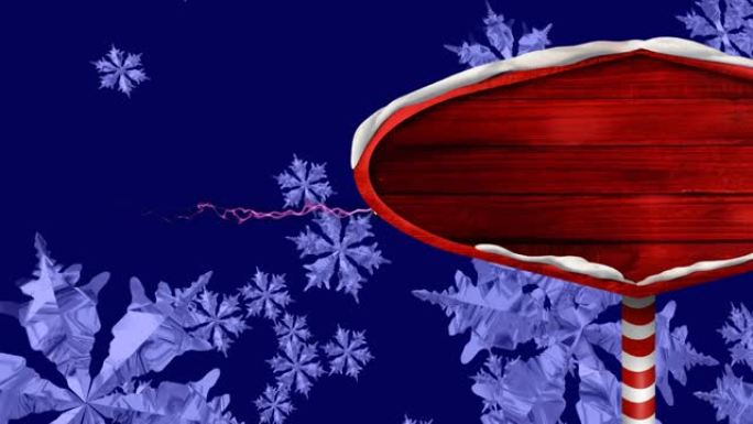 雪花落在烟花爆炸和带有复制空间的圣诞节木制标牌上的动画