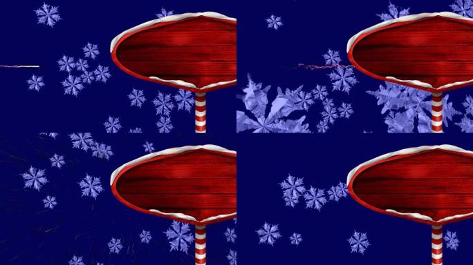 雪花落在烟花爆炸和带有复制空间的圣诞节木制标牌上的动画