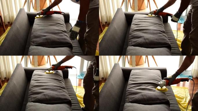 专业使用带刷子的电动抛光机清洁沙发垫。