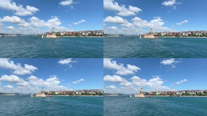 历史上著名的地标“少女塔”和伊斯坦布尔博斯普鲁斯亚洲一侧的乌斯库达地区的镜头。这是一个阳光灿烂的夏日