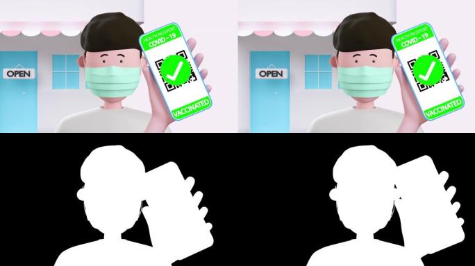 3d动画男子手持智能手机，展示新型冠状病毒肺炎疫苗接种证书，商店前的疫苗护照。
