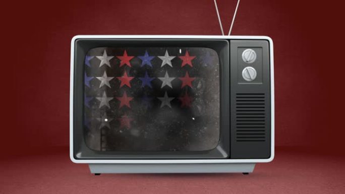 红色背景电视中带有美国国旗的星星的动画
