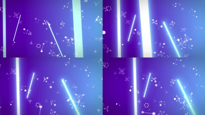 在发光的霓虹灯条纹上旋转的分子动画