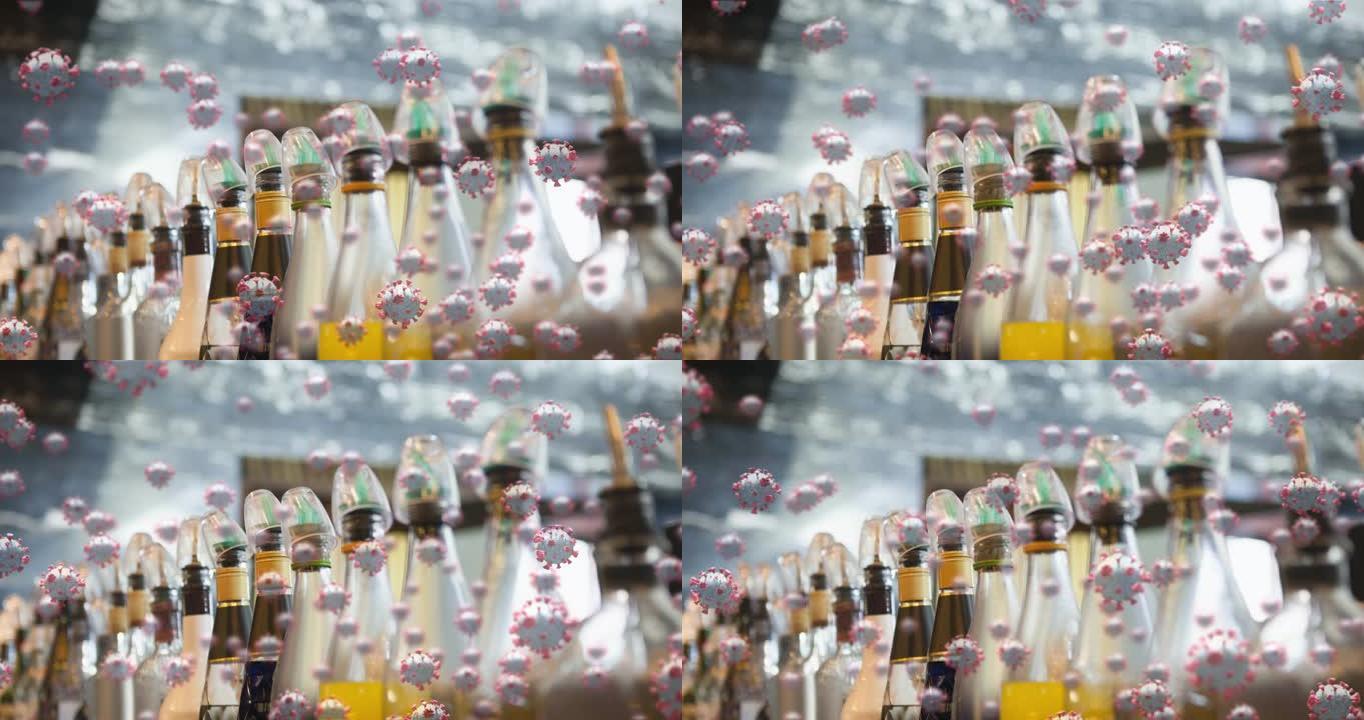 背景中漂浮在彩色糖浆玻璃瓶上的多个新型冠状病毒肺炎细胞图标