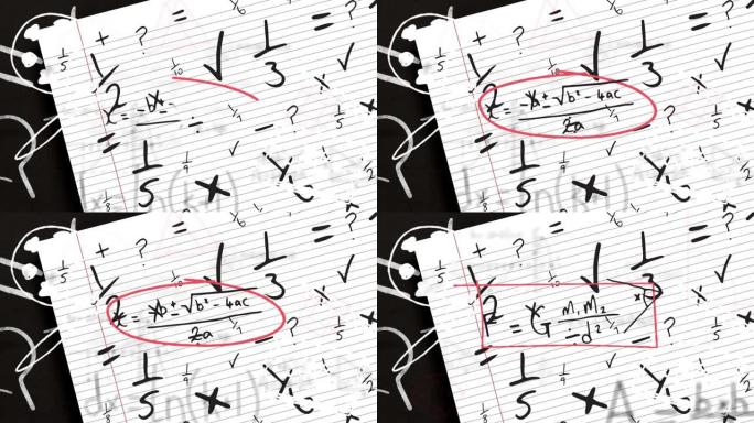 数学方程式漂浮在白衬纸上的数学符号上