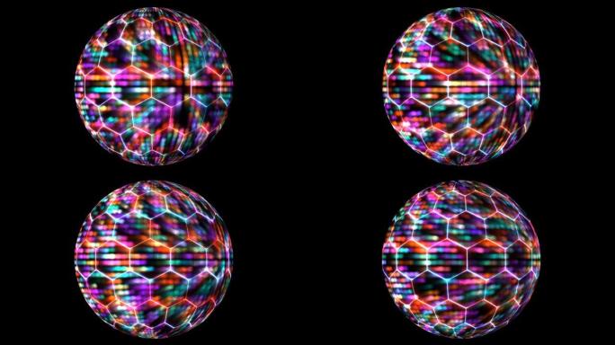 六边形未来派技术对球体可视化波数字表面背景、动画抽象彩虹光粒子图案波形振荡