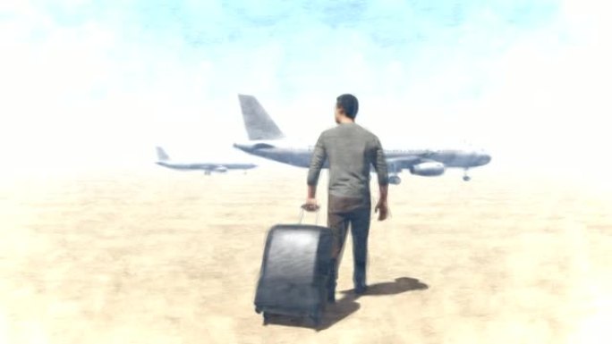 乘客带着手提箱向飞机移动