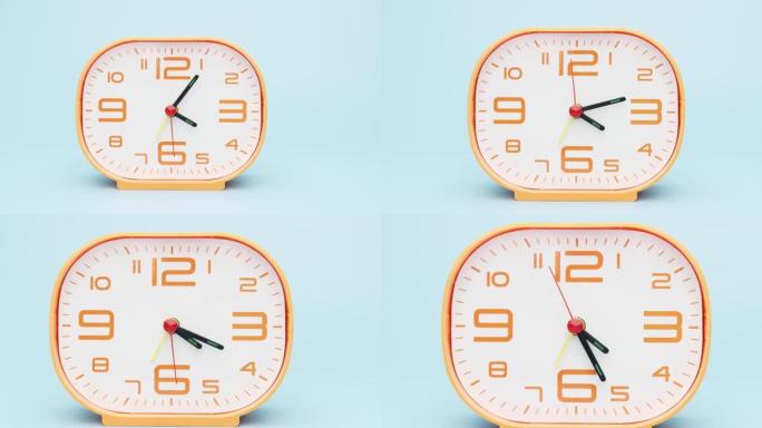 橙色闹钟隔离在蓝色背景放映时间上午04:00或下午。
