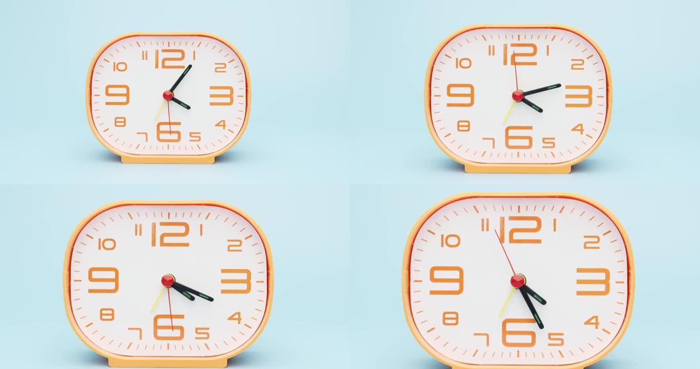 橙色闹钟隔离在蓝色背景放映时间上午04:00或下午。